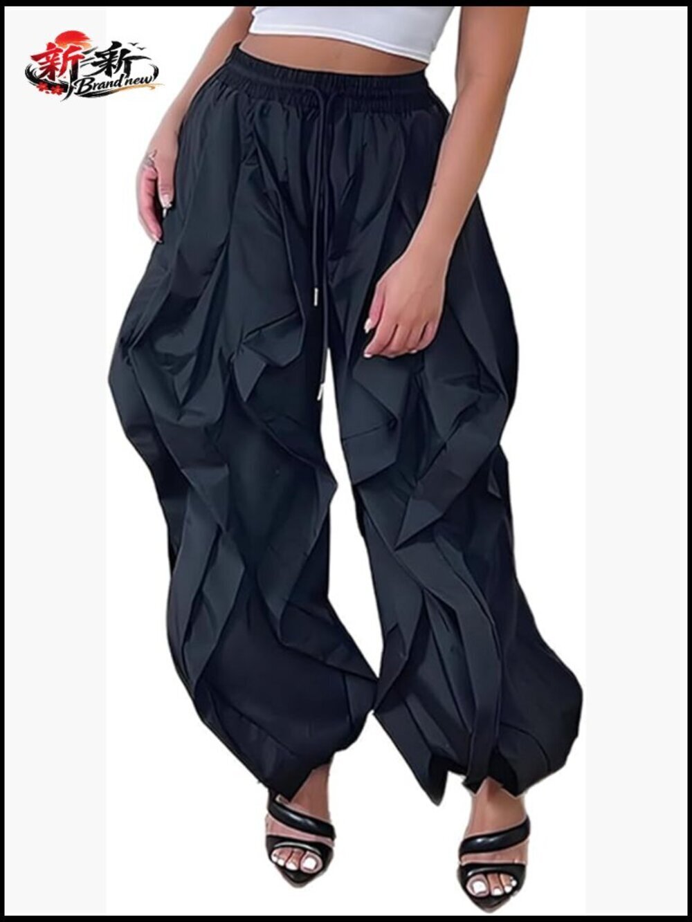 Women Balloon Pants Ruffle Fringe Drawstring High Waist Wide Leg Baggy Joggers